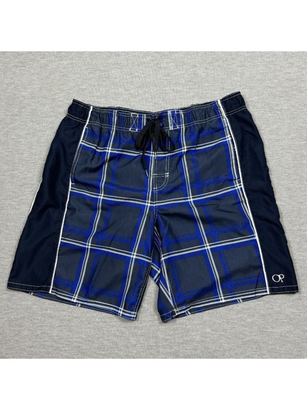 Op Board Shorts Mens L Navy Plaid Ocean Pacific Swim Trunks Mesh Liner Pockets